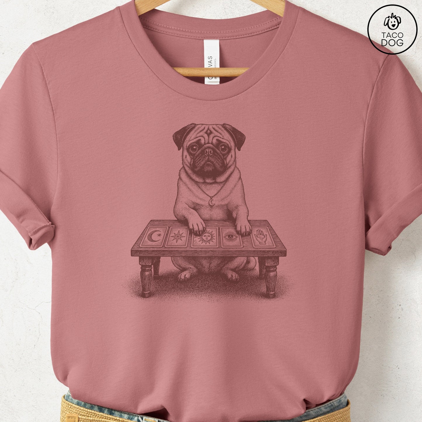 Pug Fall Tarot T-Shirt Heather Mauve Taco-Dog