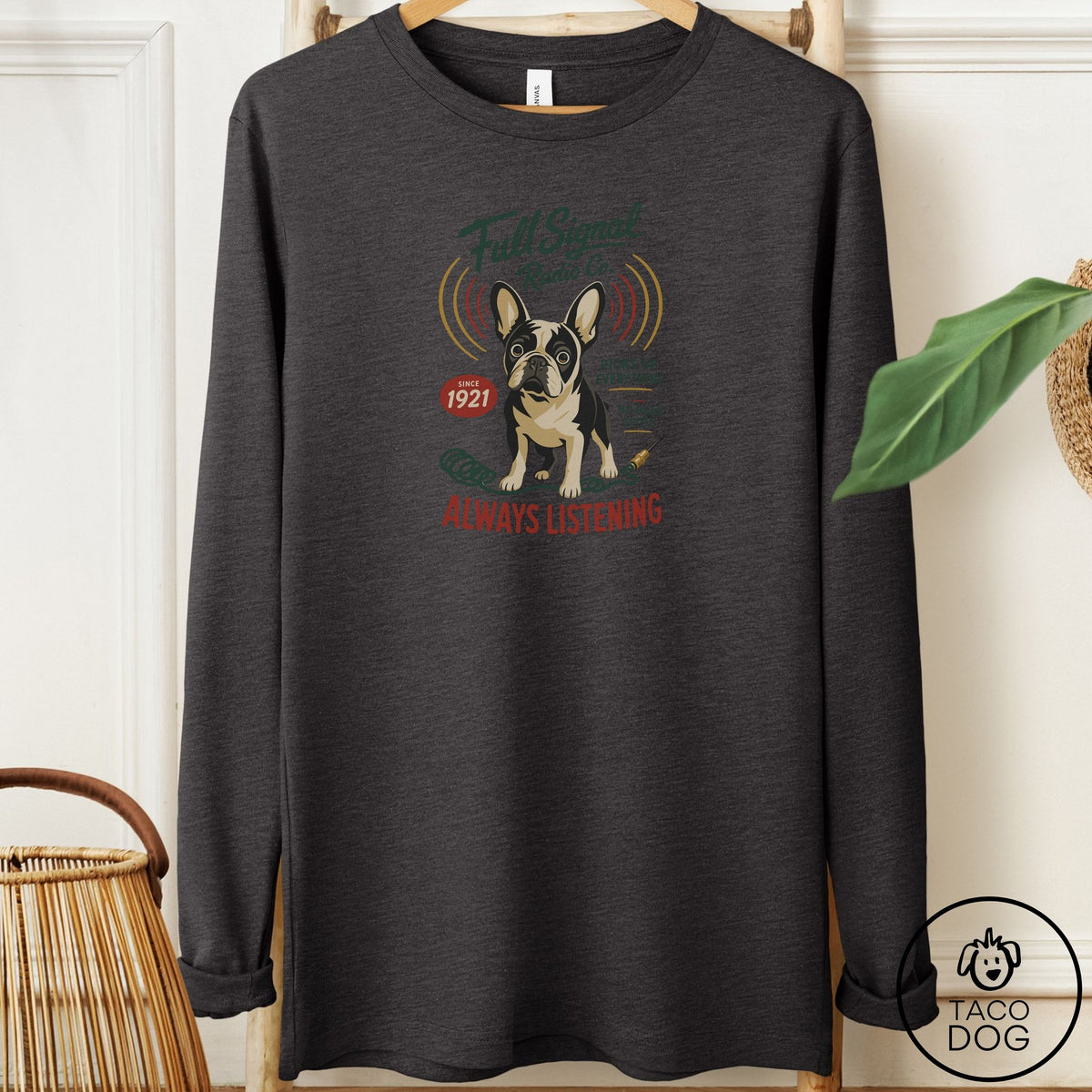 French Bulldog Frenchie Family Business Long Sleeve Tee Dark Grey Heather Taco-Dog