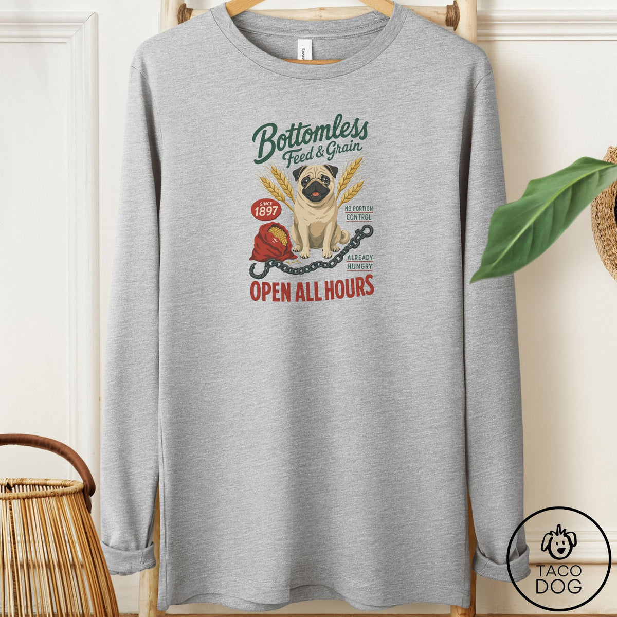 Pug Family Business Long Sleeve Tee Athletic Heather Taco-Dog