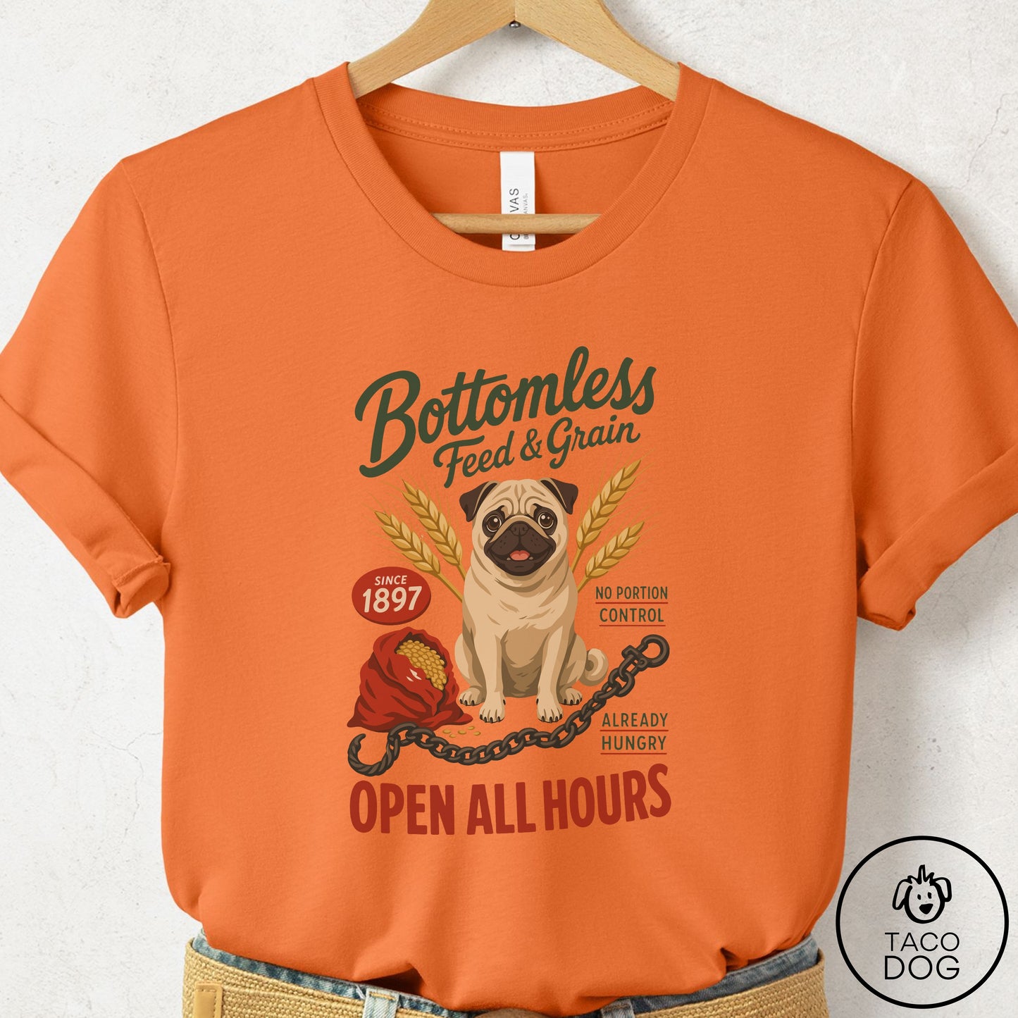 Pug Family Business T-Shirt Burnt Orange Taco-Dog