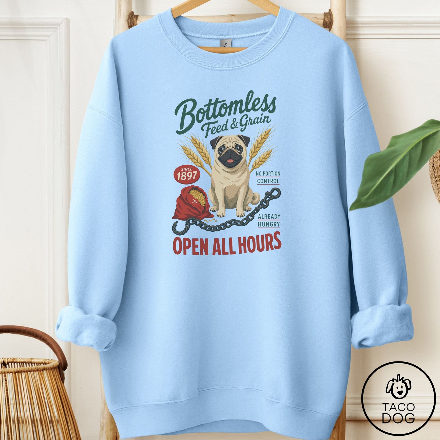 Pug Family Business Sweatshirt Light Blue Taco-Dog