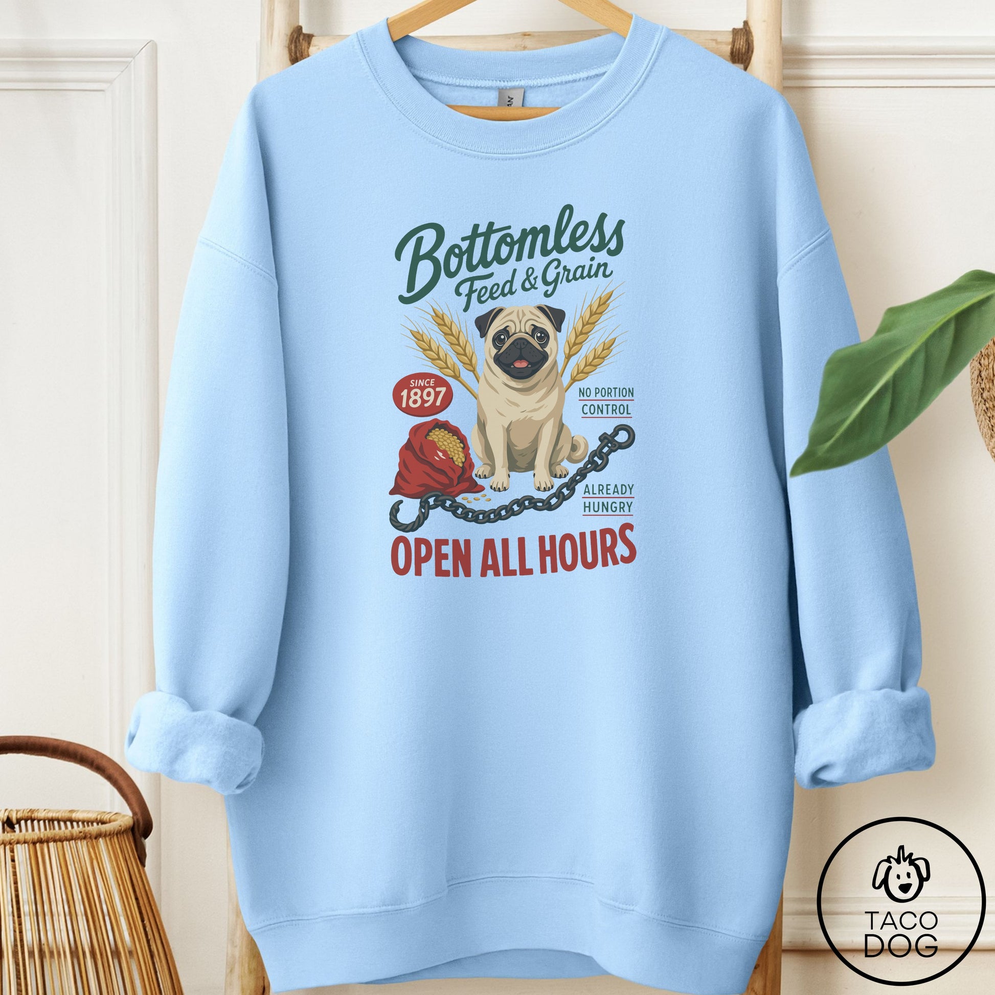 Pug Family Business Sweatshirt Light Blue Taco-Dog