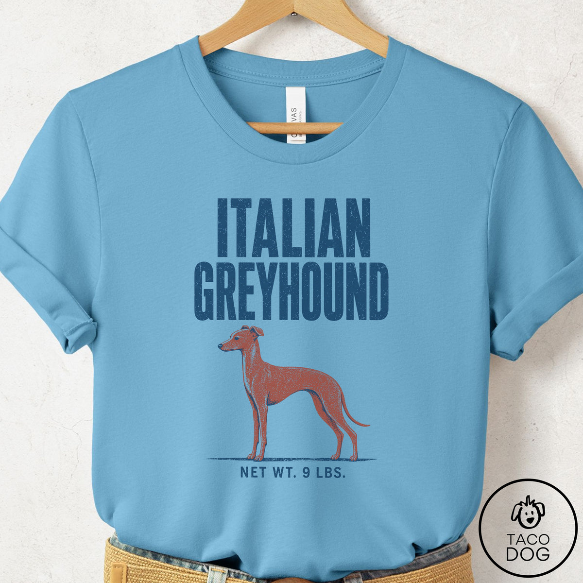 Italian Greyhound Whippet Feedsack T-Shirt Ocean Blue Taco-Dog