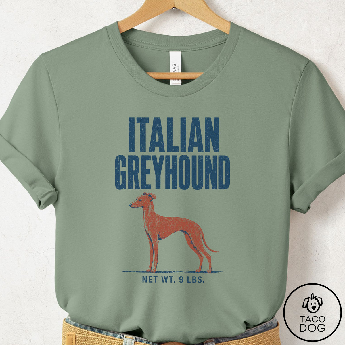 Italian Greyhound Whippet Feedsack T-Shirt Sage Taco-Dog