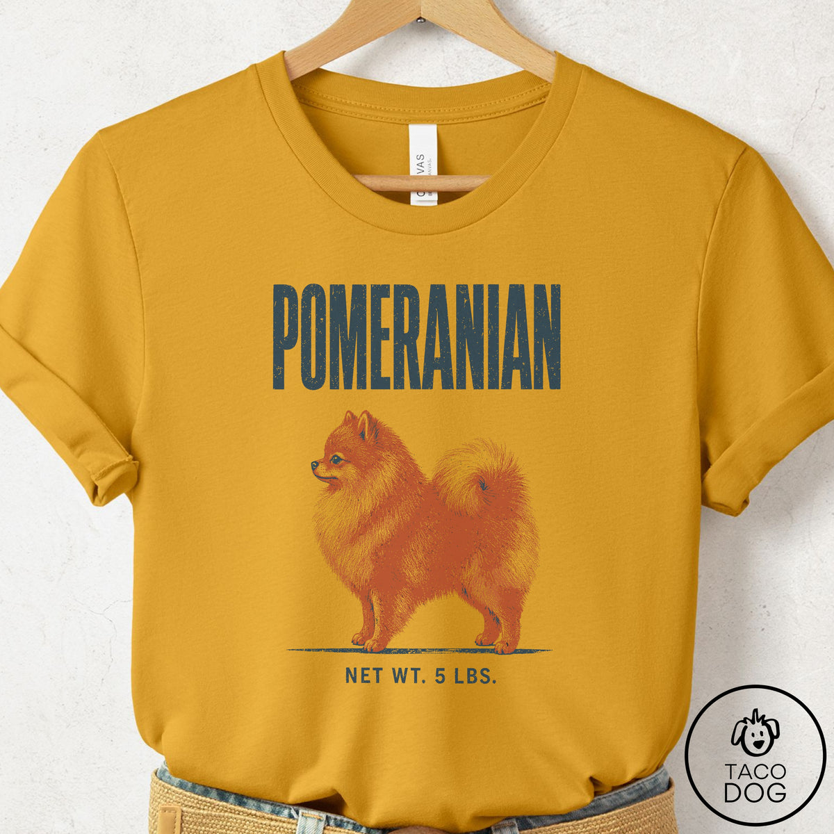 Pomeranian Feedsack T-Shirt Mustard Taco-Dog