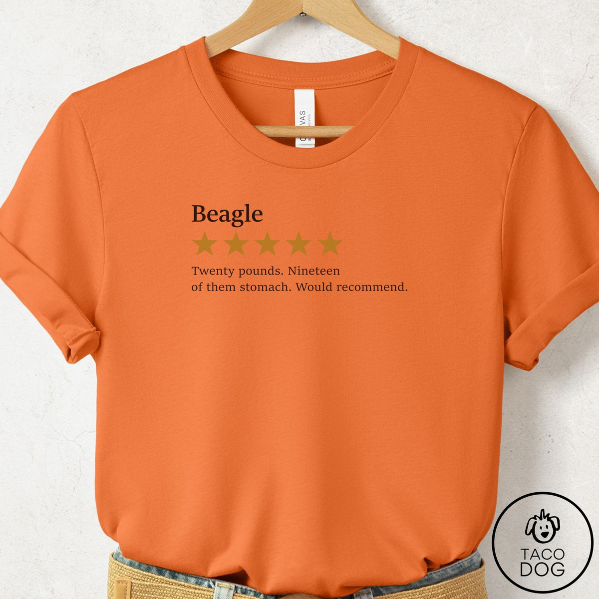Beagle Five Star Review T-Shirt Burnt Orange Taco-Dog