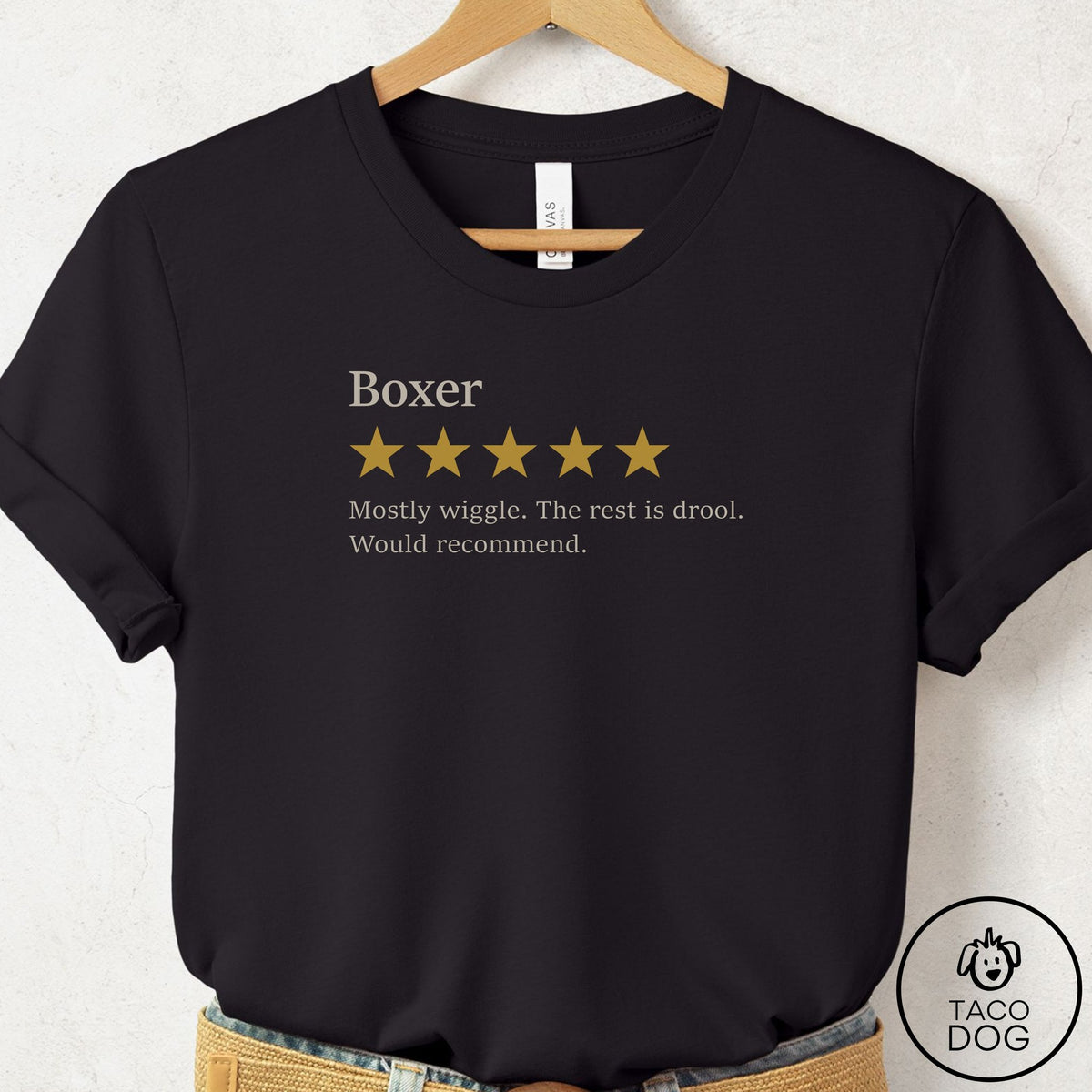 Boxer Five Star Review T-Shirt Black Taco-Dog