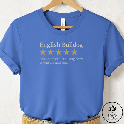 English Bulldog Five Star Review T-Shirt Columbia Blue Taco-Dog