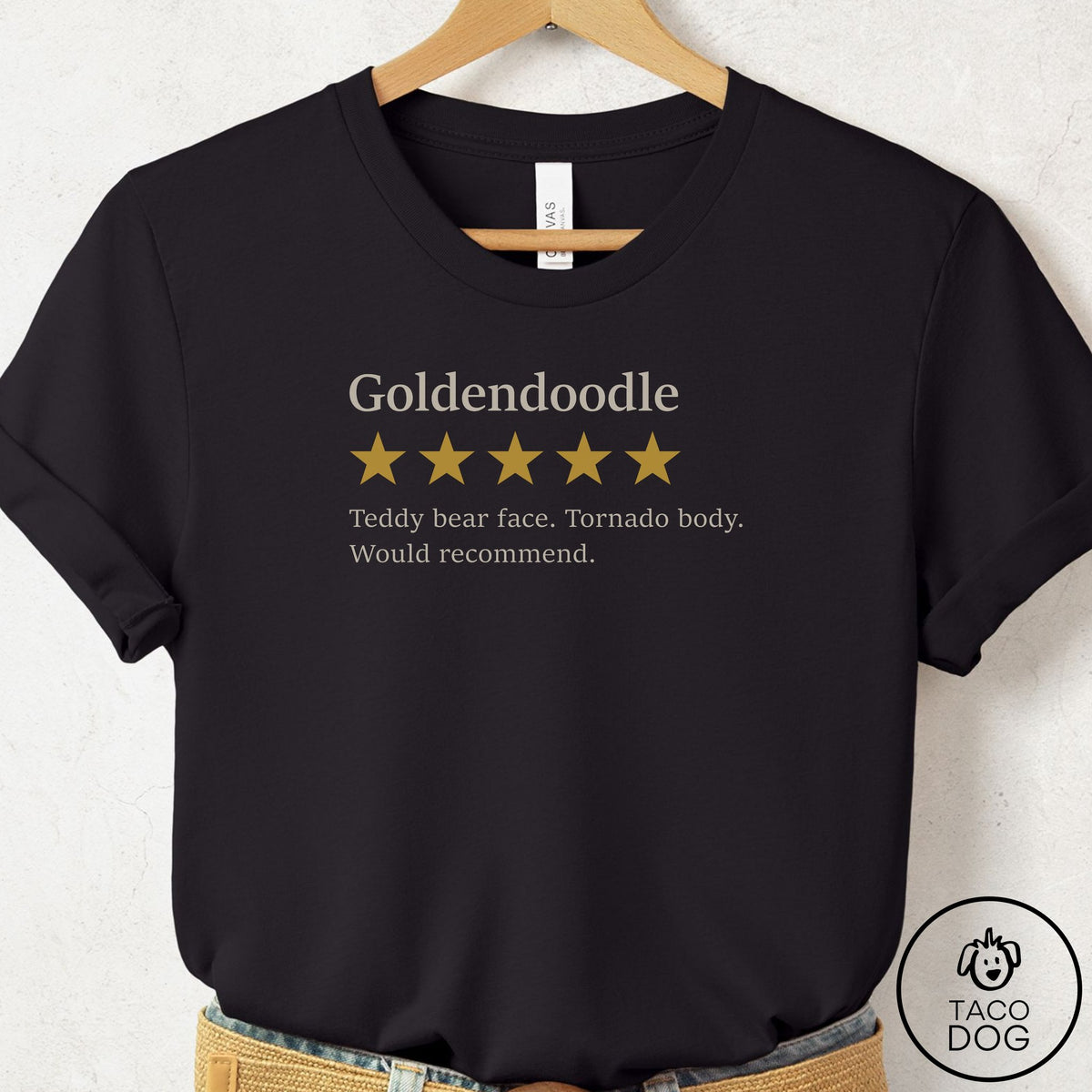Doodle Five Star Review T-Shirt Black Taco-Dog