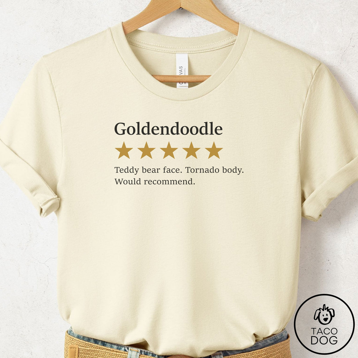 Doodle Five Star Review T-Shirt Natural Taco-Dog