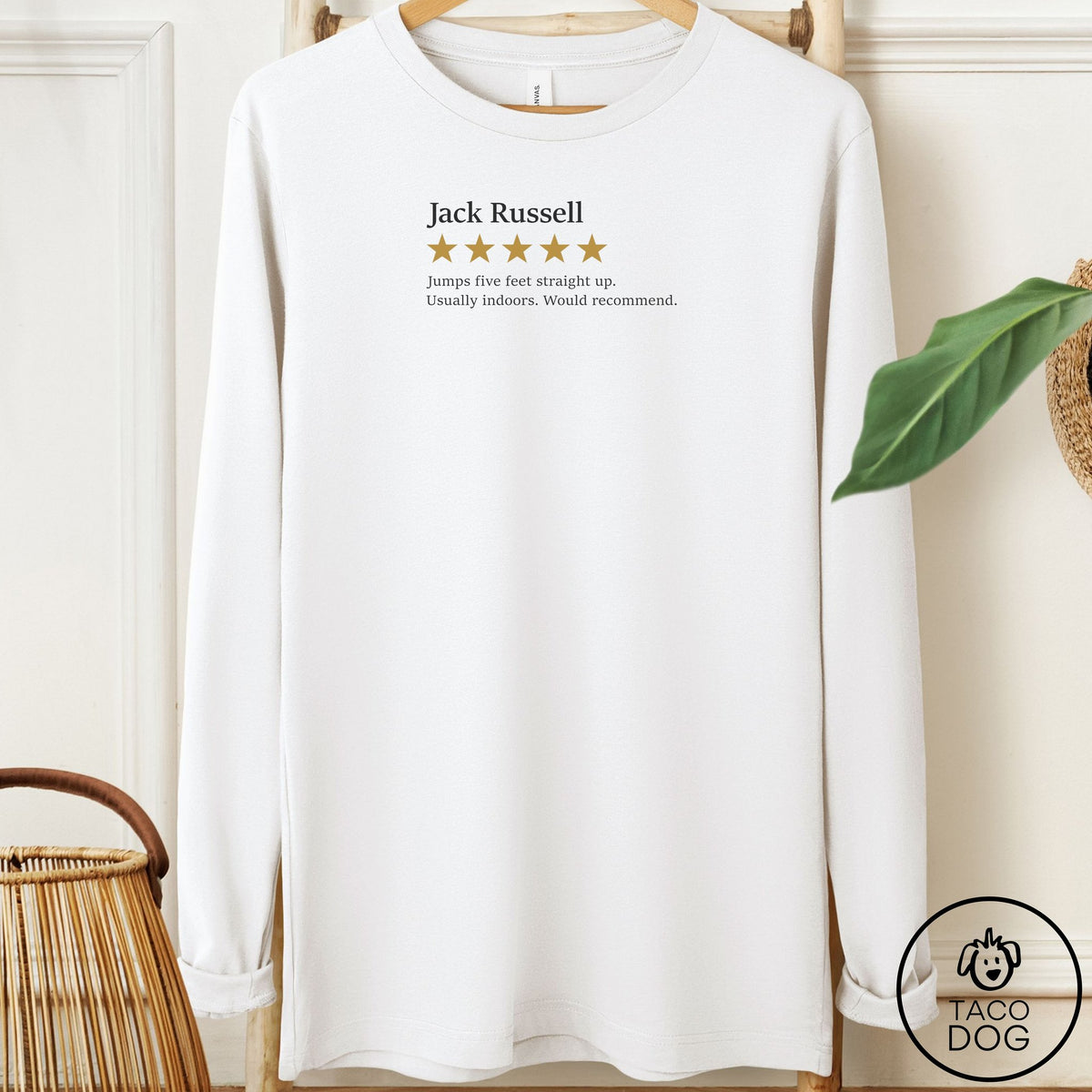 Jack Russell Five Star Review Long Sleeve Tee White Taco-Dog