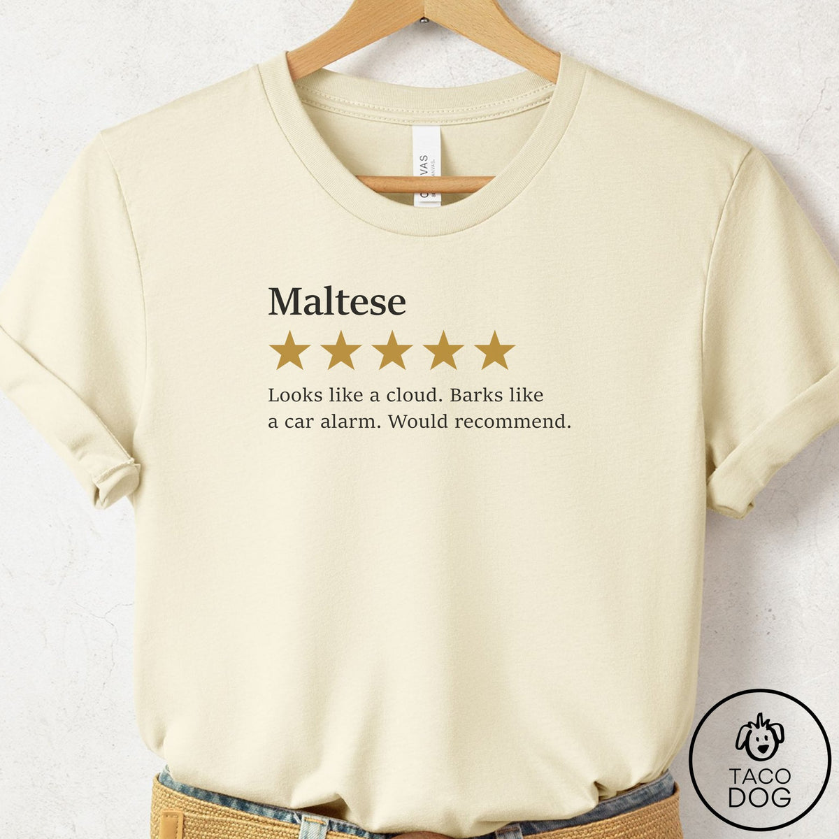 Maltese Five Star Review T-Shirt Natural Taco-Dog