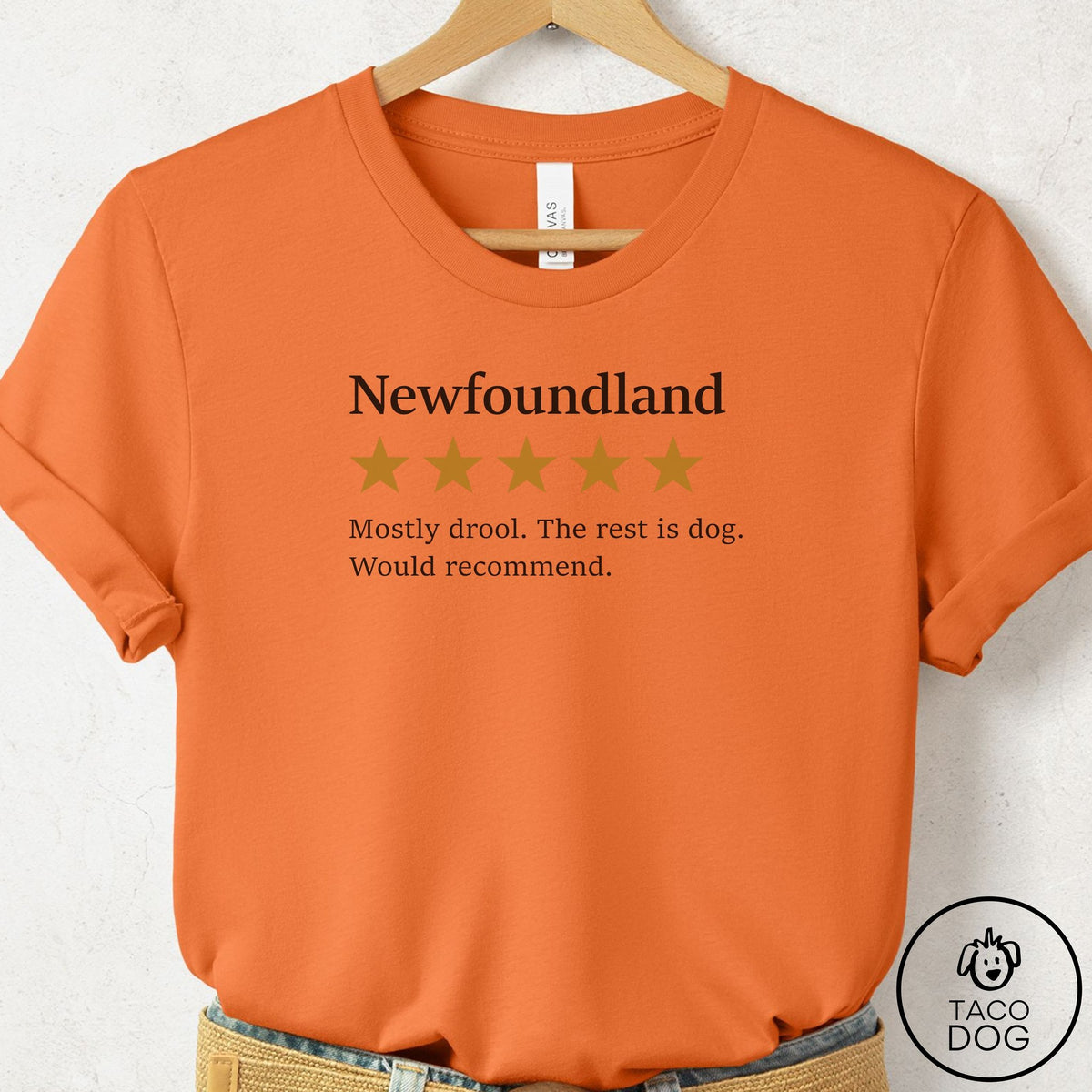 Newfoundland Five Star Review T-Shirt Burnt Orange Taco-Dog