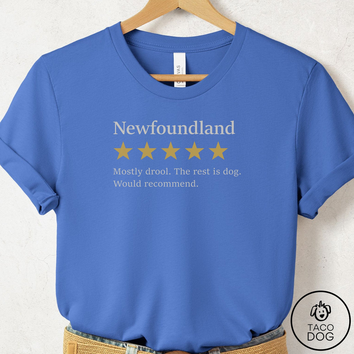 Newfoundland Five Star Review T-Shirt Columbia Blue Taco-Dog