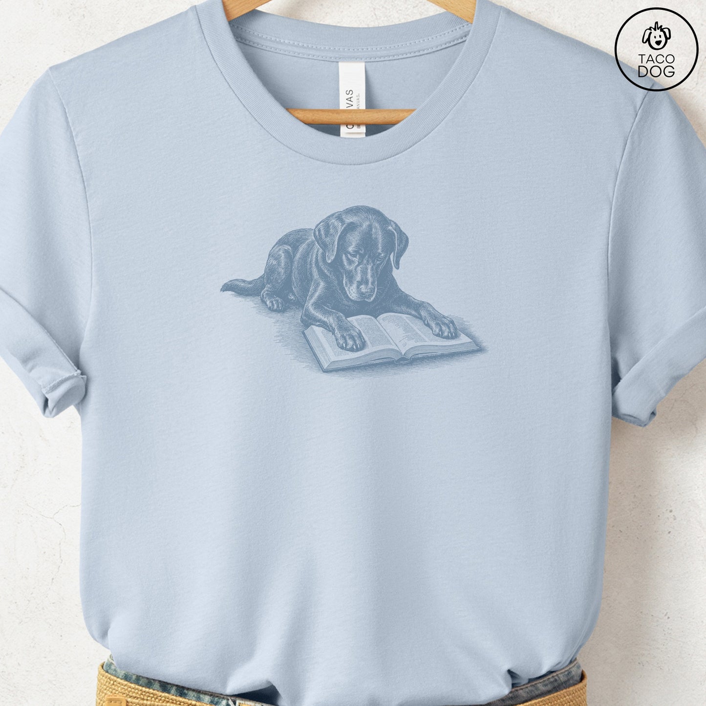 Labrador Retriever Lab Studying Book T-Shirt Light Blue Taco-Dog