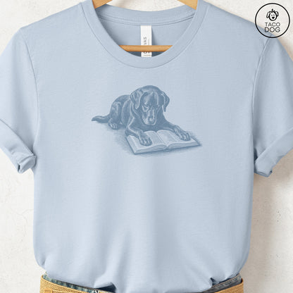 Labrador Retriever Lab Studying Book T-Shirt Light Blue Taco-Dog