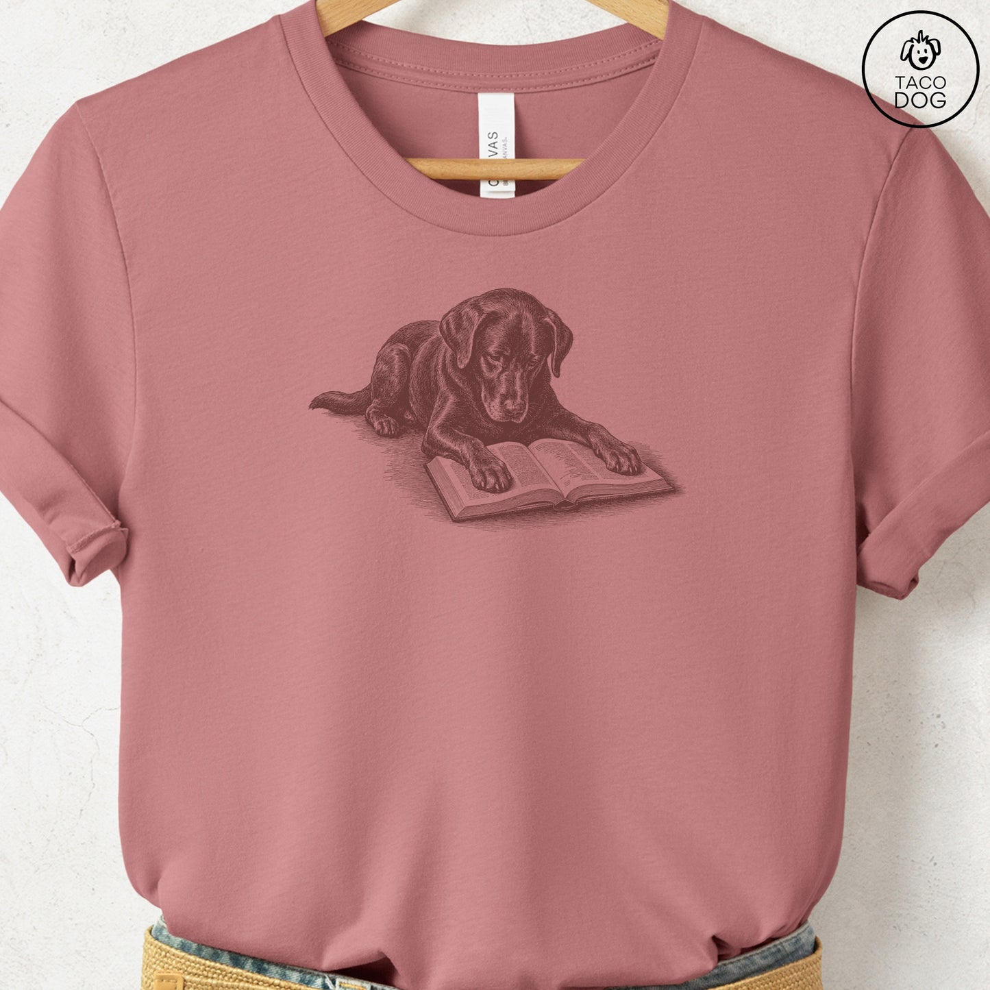 Labrador Retriever Lab Studying Book T-Shirt Heather Mauve Taco-Dog