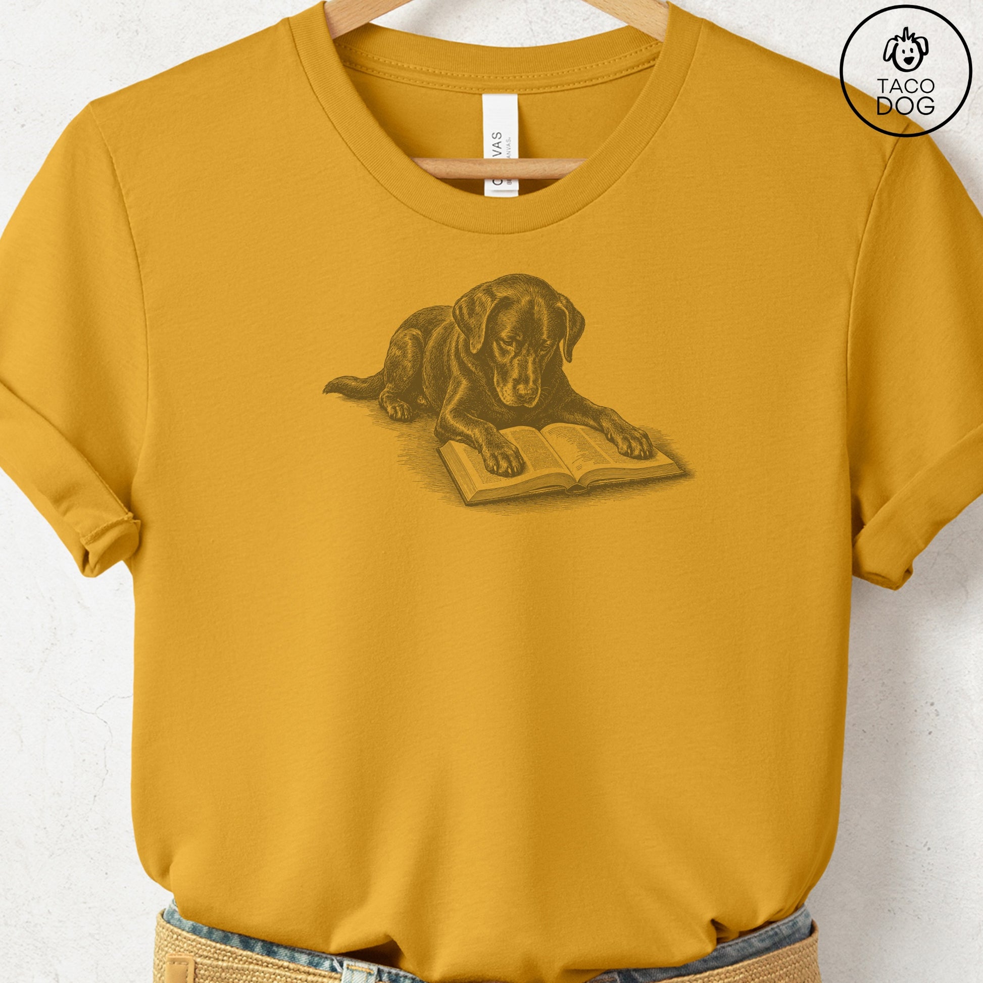 Labrador Retriever Lab Studying Book T-Shirt Mustard Taco-Dog