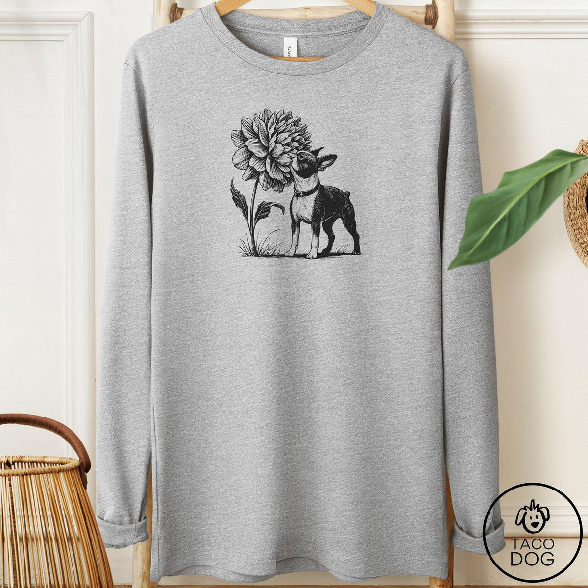 Boston Terrier Smell the Flowers Long Sleeve Tee Athletic Heather Taco-Dog