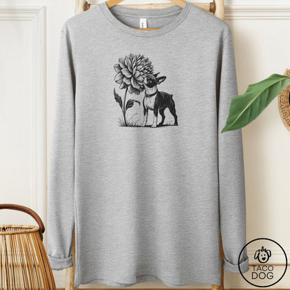 Boston Terrier Smell the Flowers Long Sleeve Tee Athletic Heather Taco-Dog
