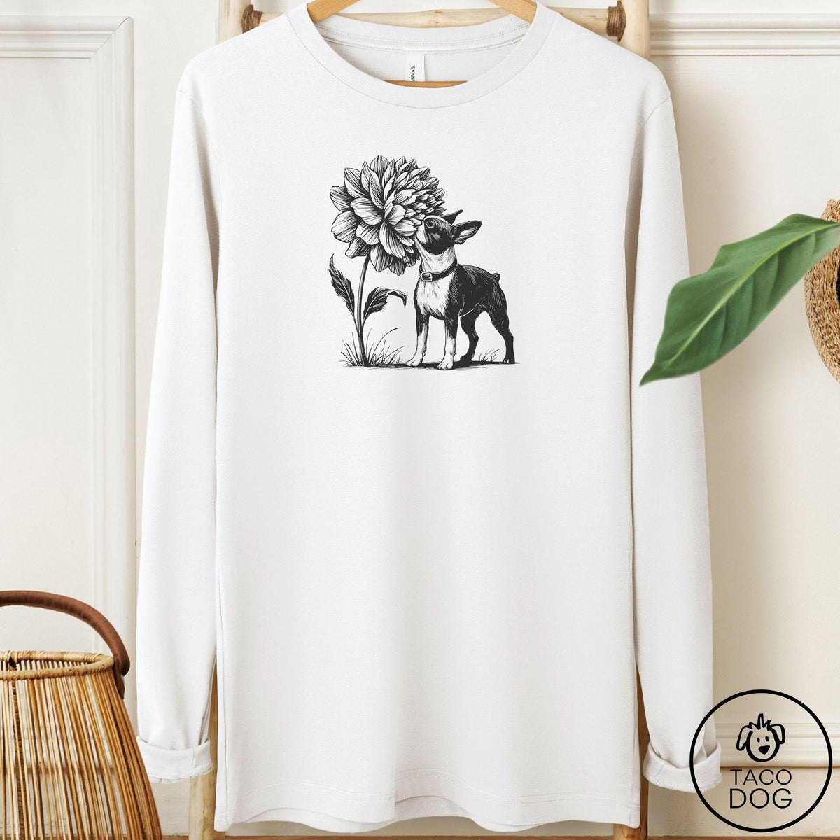 Boston Terrier Smell the Flowers Long Sleeve Tee White Taco-Dog