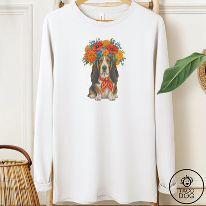 Basset Hound Flower Crown Long Sleeve Tee