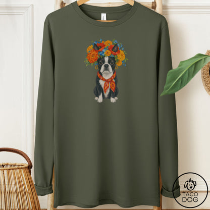 Boston Terrier Flower Crown Long Sleeve Tee