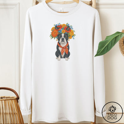 Boston Terrier Flower Crown Long Sleeve Tee