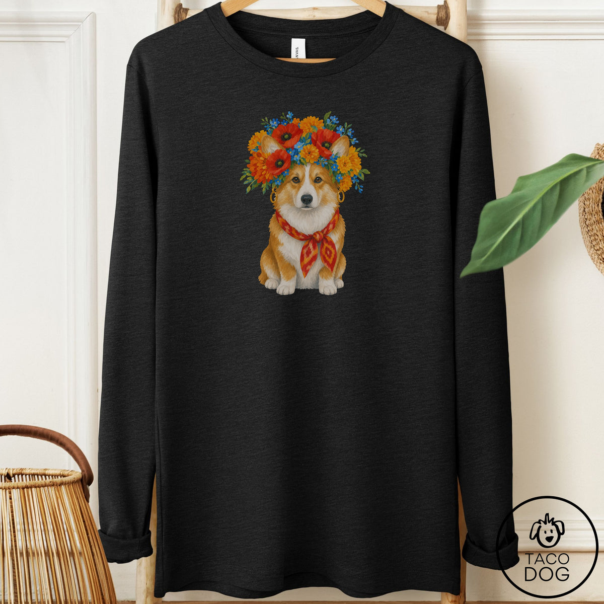 Corgi Flower Crown Long Sleeve Tee Black Heather Taco-Dog