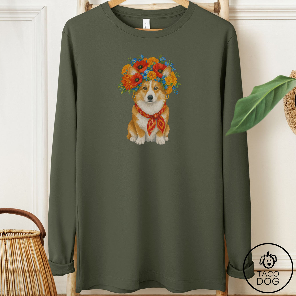 Corgi Flower Crown Long Sleeve Tee Military Green Taco-Dog