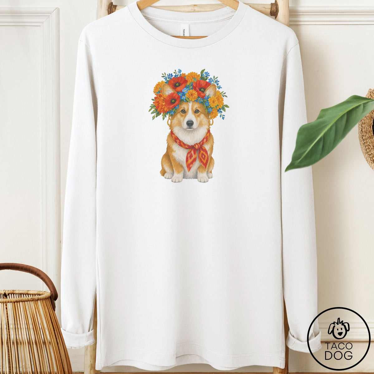 Corgi Flower Crown Long Sleeve Tee White Taco-Dog