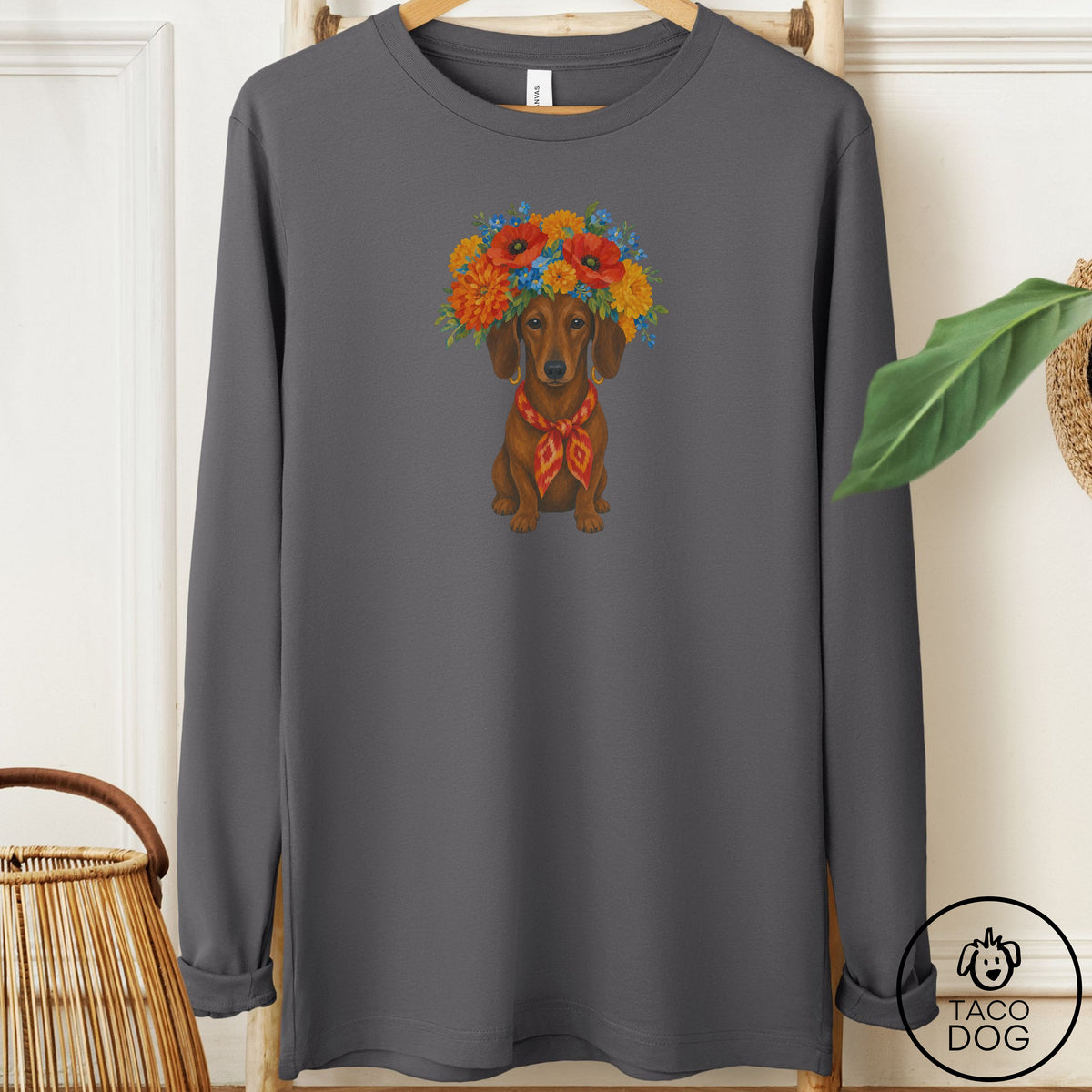 Dachshund Flower Crown Long Sleeve Tee