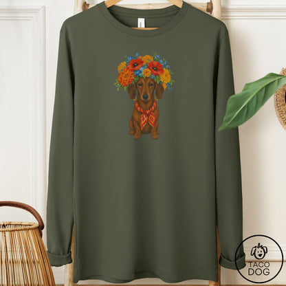 Dachshund Flower Crown Long Sleeve Tee