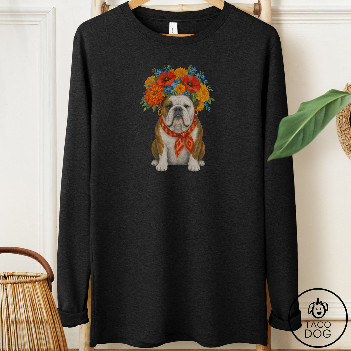 English Bulldog Flower Crown Long Sleeve Tee