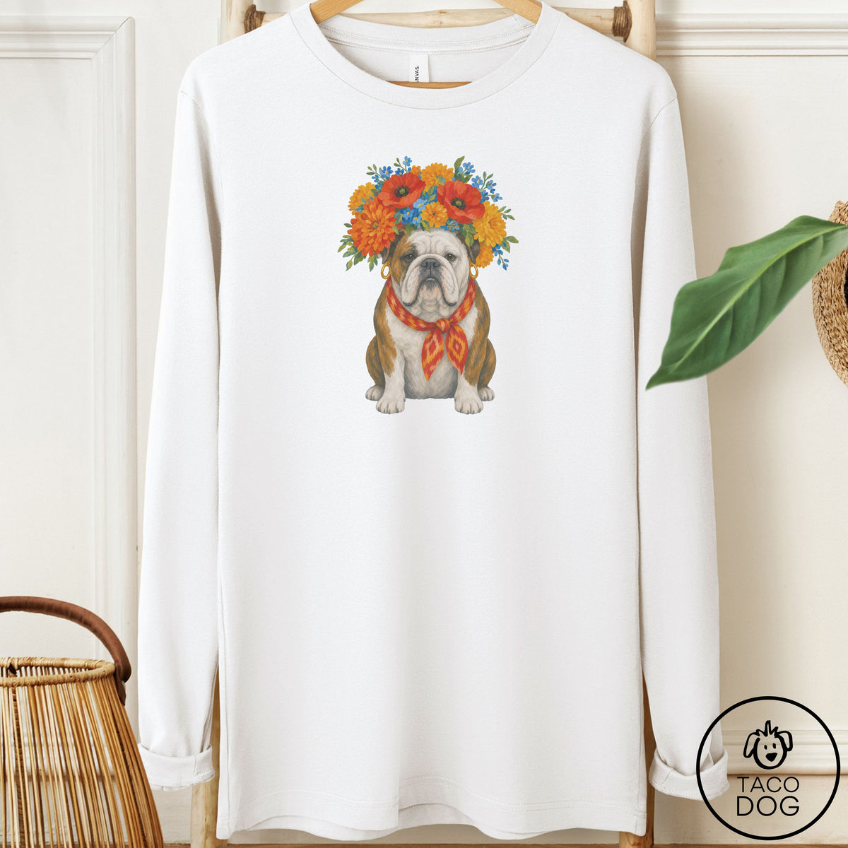 English Bulldog Flower Crown Long Sleeve Tee