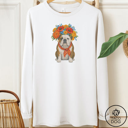 English Bulldog Flower Crown Long Sleeve Tee
