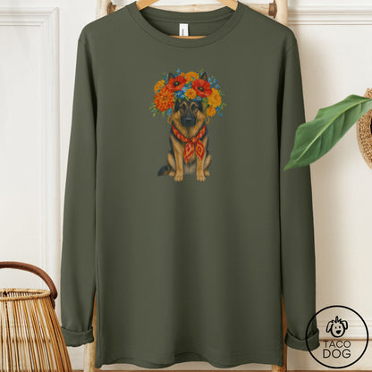 German Shepherd Flower Crown Long Sleeve Tee