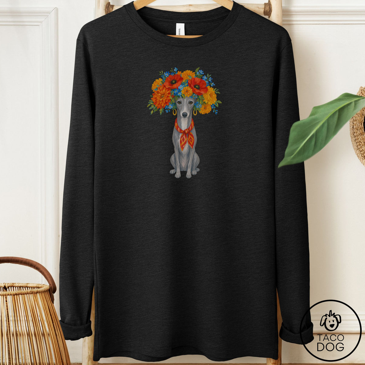 Italian Greyhound Whippet Flower Crown Long Sleeve Tee