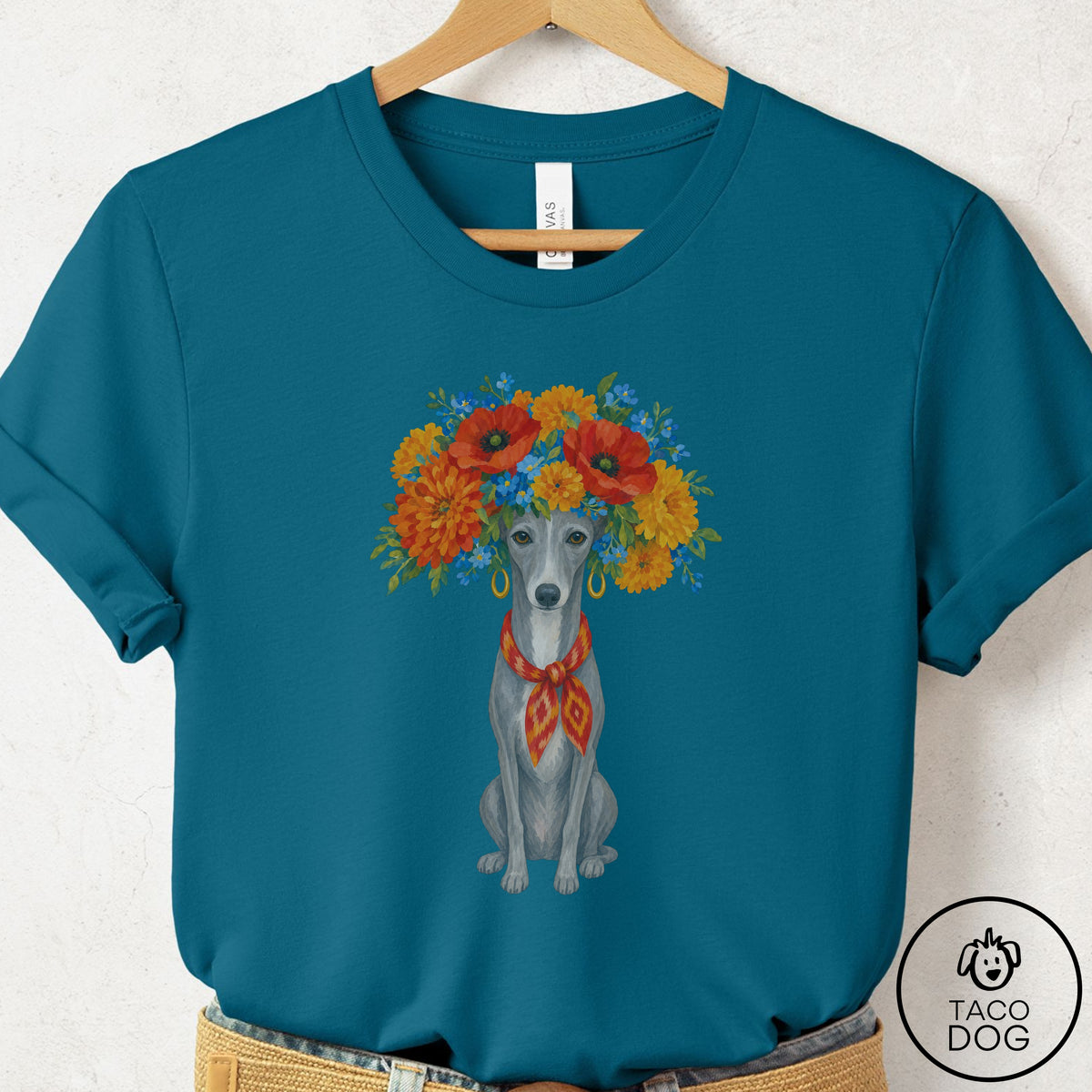 Italian Greyhound Whippet Flower Crown T-Shirt Deep Teal Taco-Dog