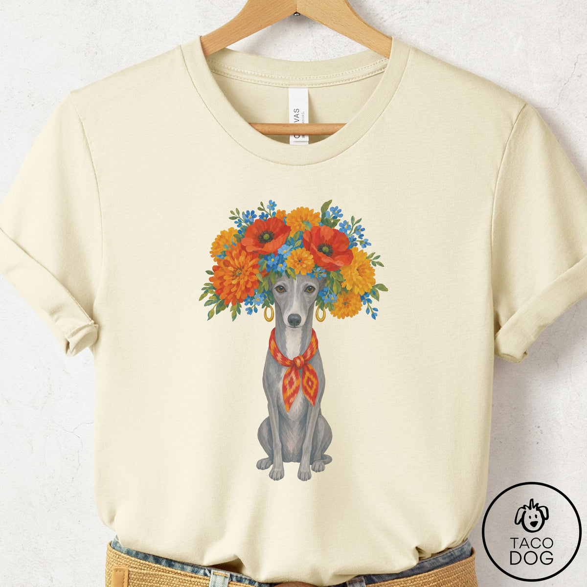 Italian Greyhound Whippet Flower Crown T-Shirt Natural Taco-Dog