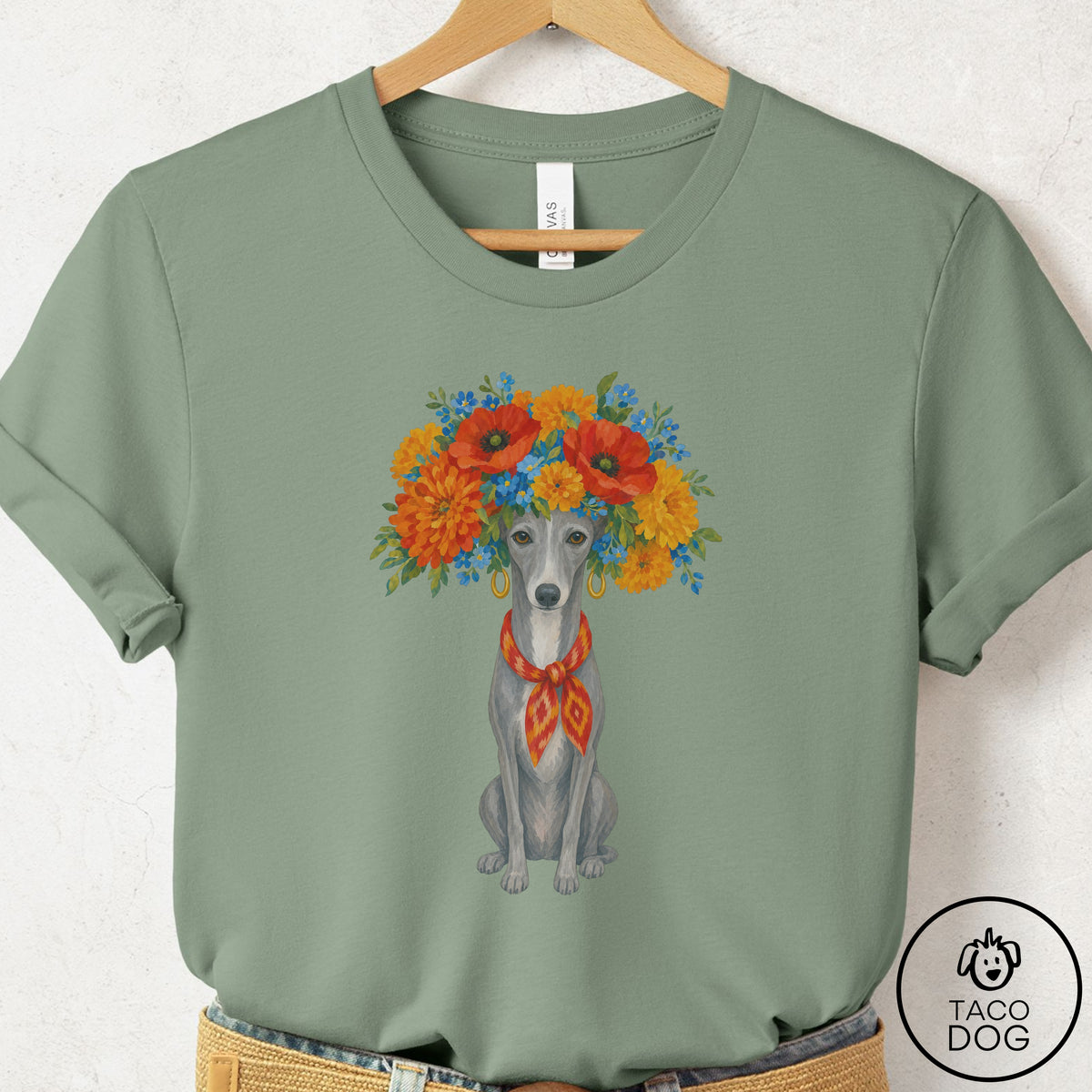 Italian Greyhound Whippet Flower Crown T-Shirt Sage Taco-Dog