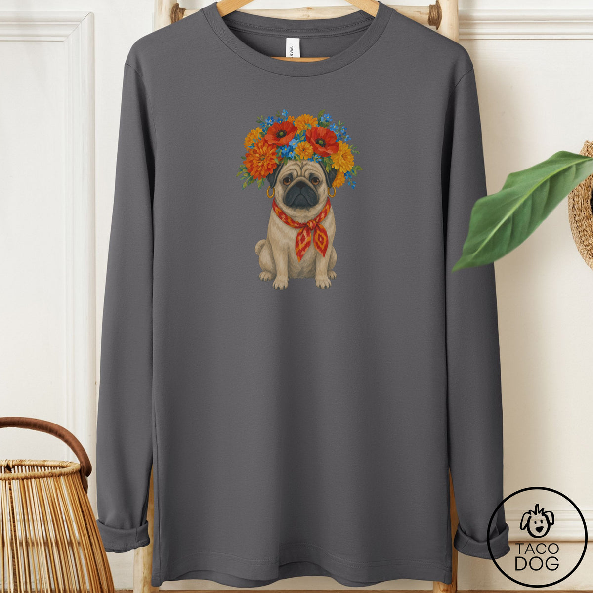 Pug Flower Crown Long Sleeve Tee