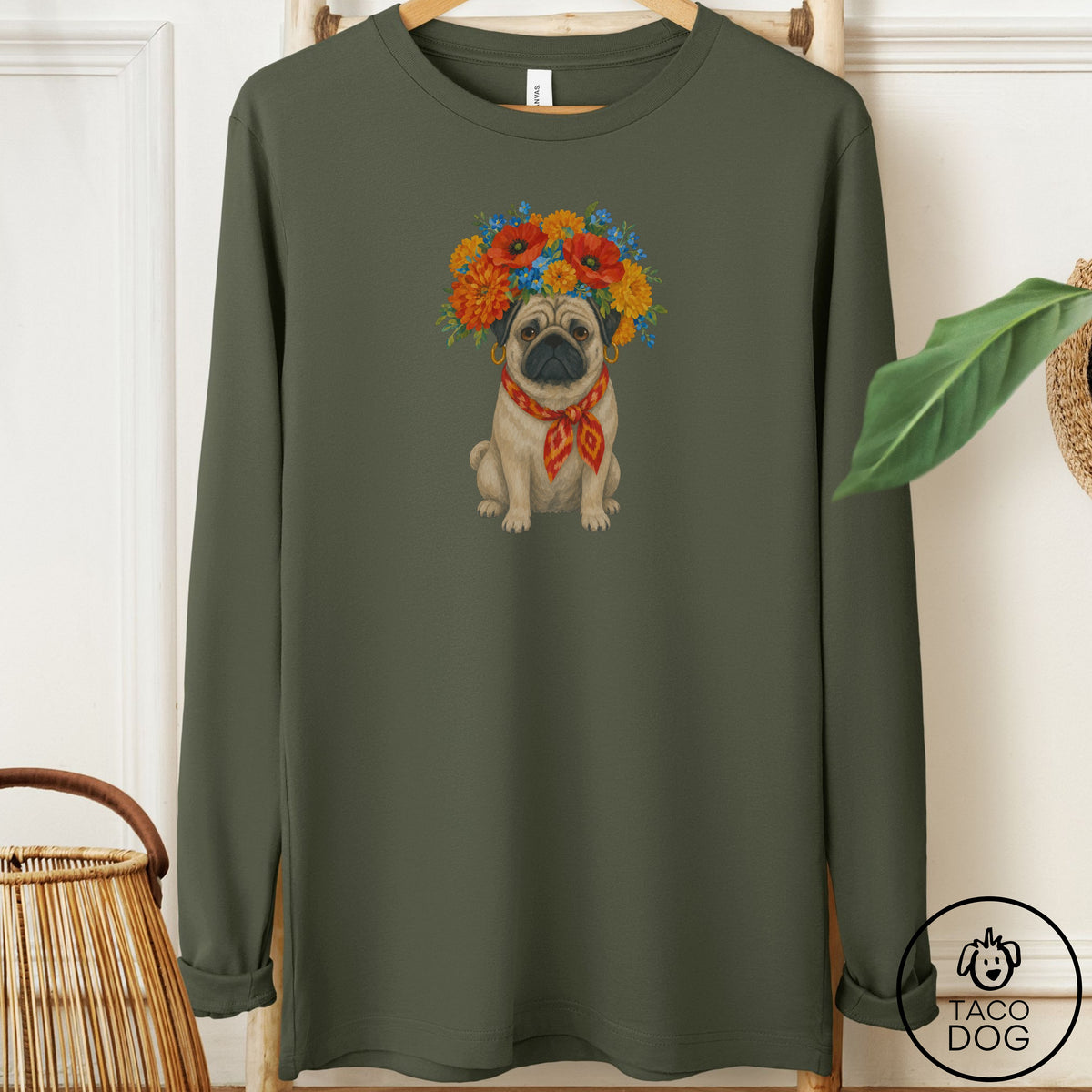 Pug Flower Crown Long Sleeve Tee