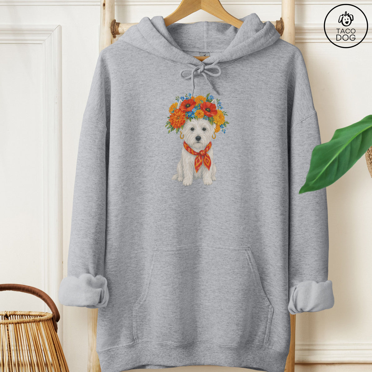 Westie Flower Crown Hoodie Graphite Heather Taco-Dog