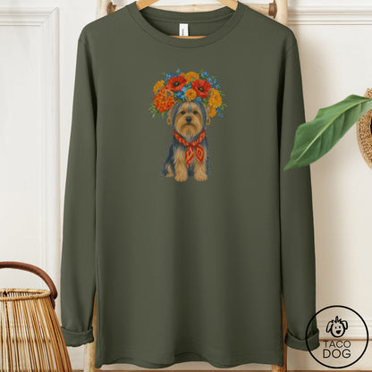 Yorkshire Terrier Yorkie Flower Crown Long Sleeve Tee