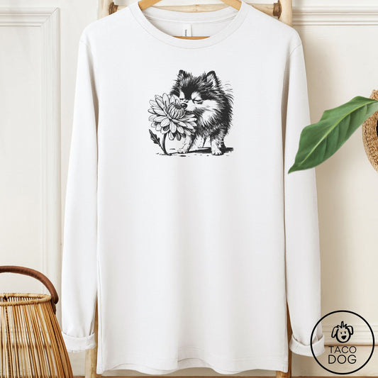 Pomeranian Smell the Flowers Long Sleeve Tee White Taco-Dog