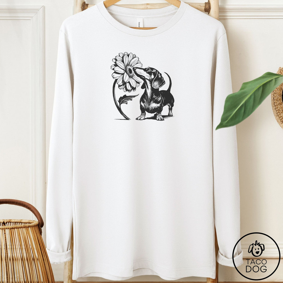 Dachshund Smell the Flowers Long Sleeve Tee White Taco-Dog