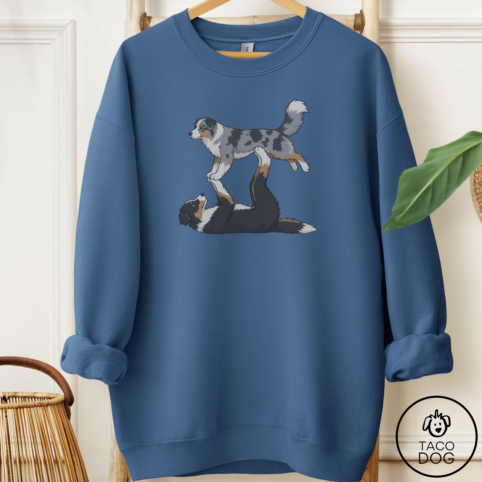 Australian Shepherd Flying Feet Sweatshirt Indigo Blue Taco-Dog