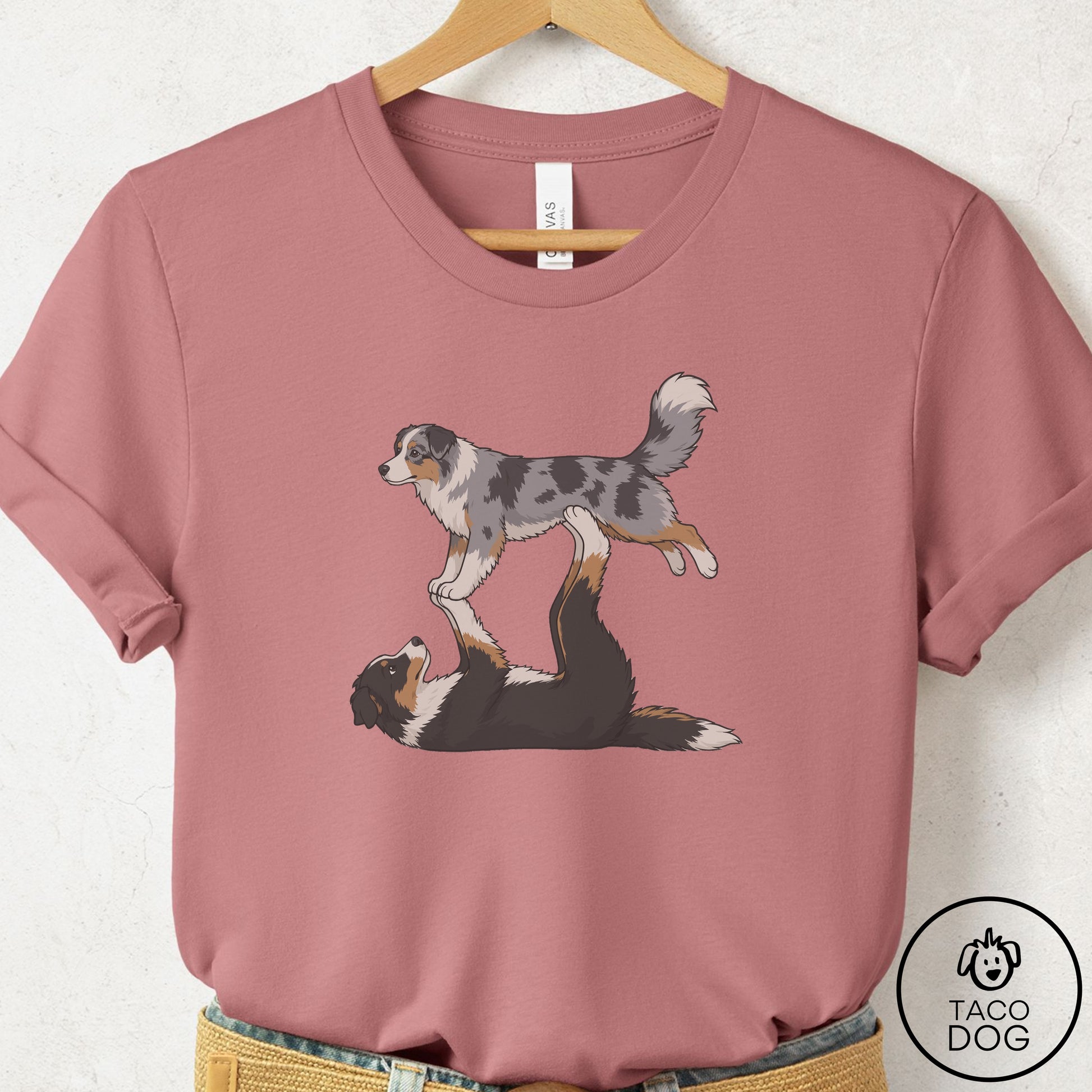 Australian Shepherd Flying Feet T-Shirt Mauve Taco-Dog