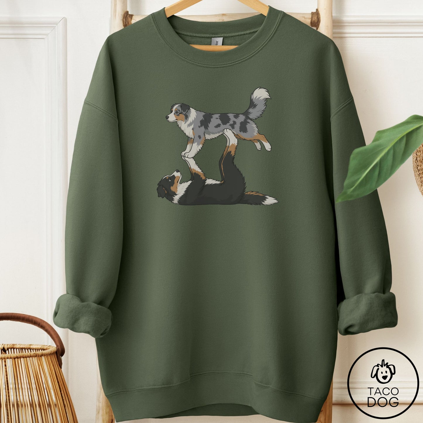Australian Shepherd Flying Feet Sweatshirt Military Green Taco-Dog